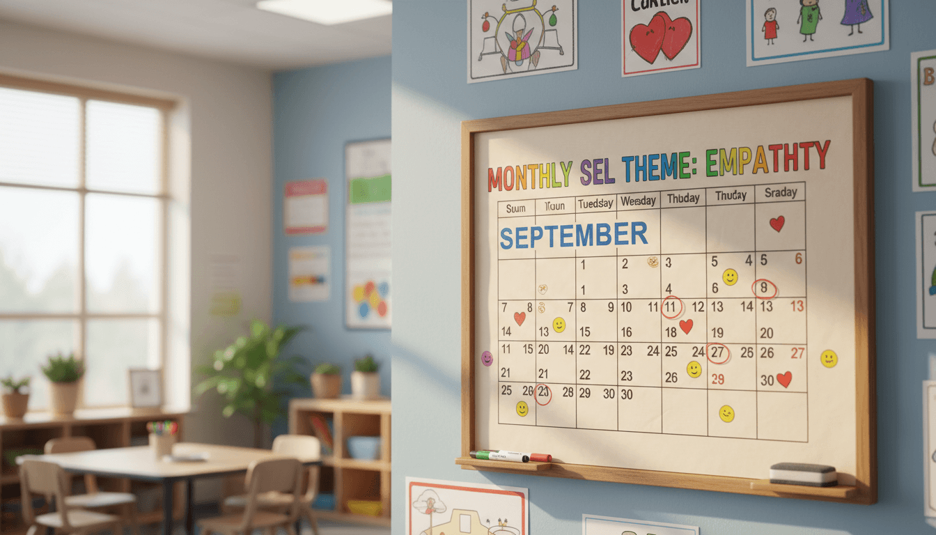 A calendar on a classroom wall with a monthly SEL theme written across the top
