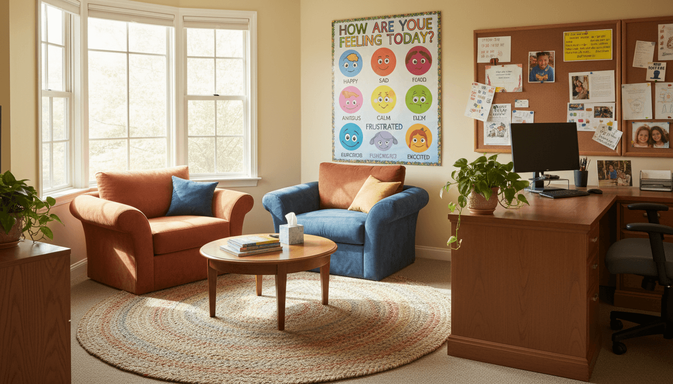 A welcoming school counselor office with comfortable chairs and a feelings poster on the wall
