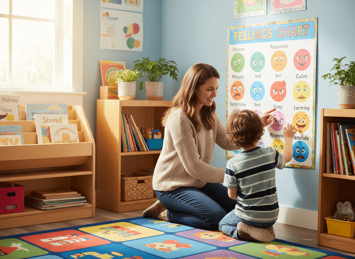 A second grade teacher kneeling next to a student pointing at a feelings chart on the wall