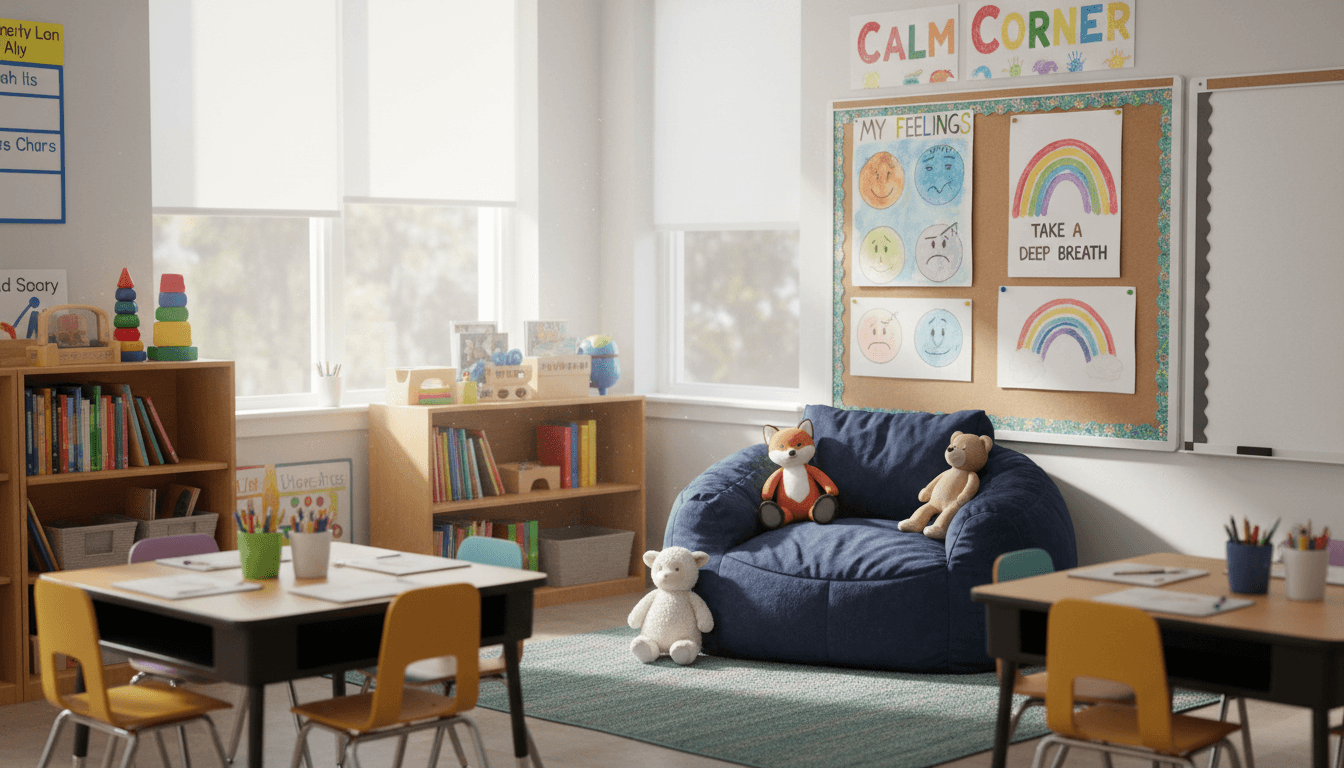 A second grade classroom with a calm corner in the back containing a beanbag, soft toys, and student-made feelings posters on the wall