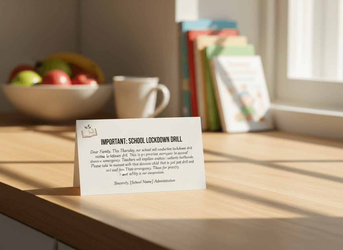 A printed note on a kitchen counter explaining a school lockdown drill to a family