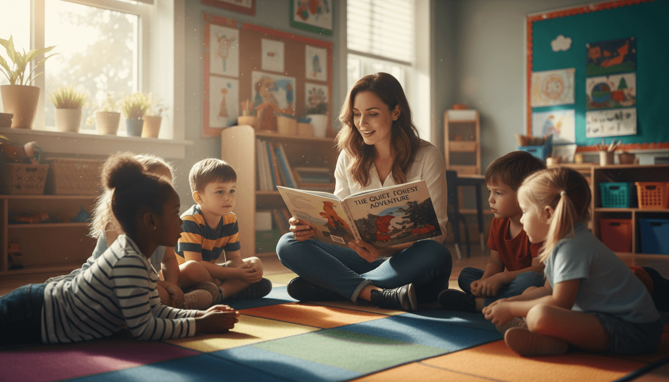 A teacher reading a calming picture book aloud to students sitting on a classroom rug