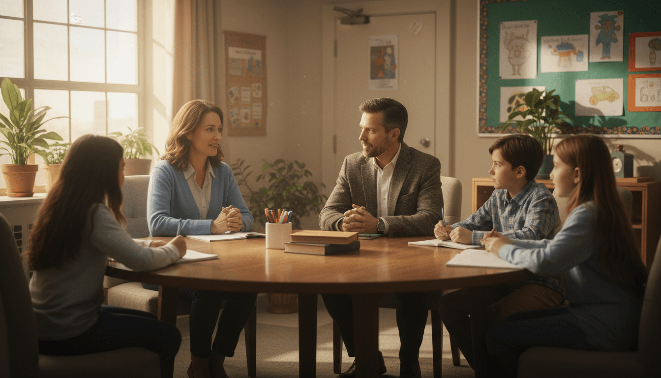A school counselor and a teacher meeting quietly with a small group of students in a calm classroom