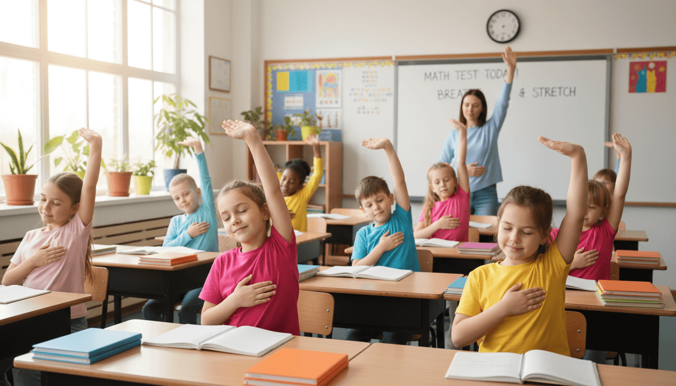 Elementary students taking breathing breaks with light stretching at their desks before a test
