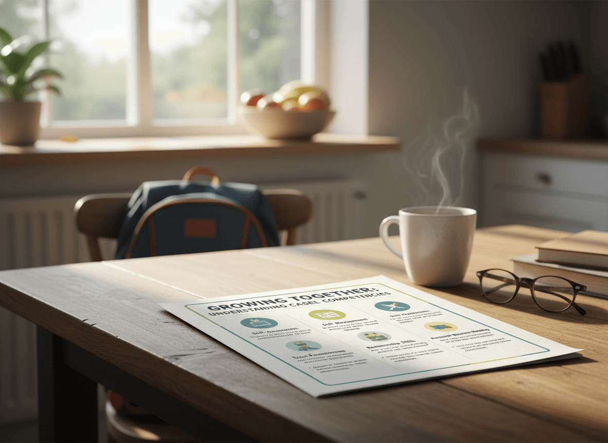 A printed parent newsletter explaining CASEL competencies on a kitchen table