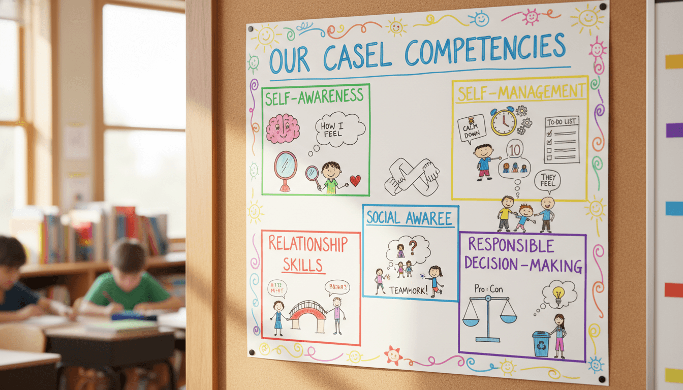 A classroom anchor chart showing the five CASEL competencies with student-drawn examples for each