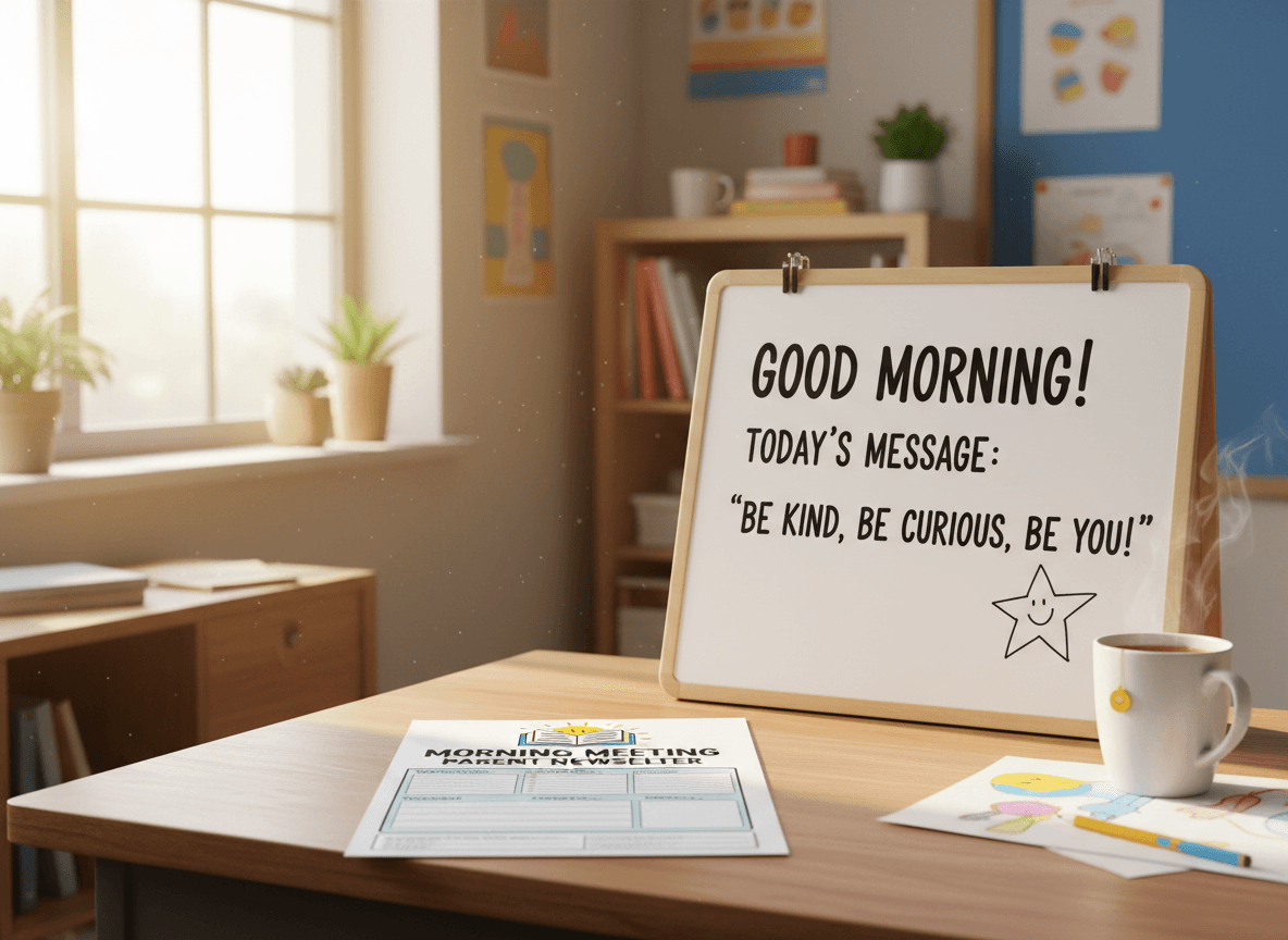 A printed morning meeting parent newsletter on a desk next to the day's written message