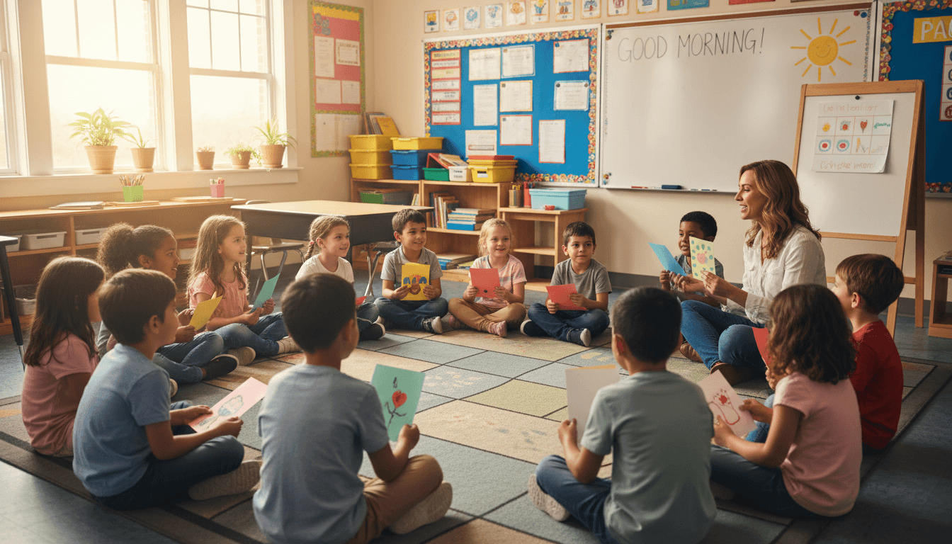 Elementary students gathered in a morning meeting circle on the classroom rug with greeting cards in hand