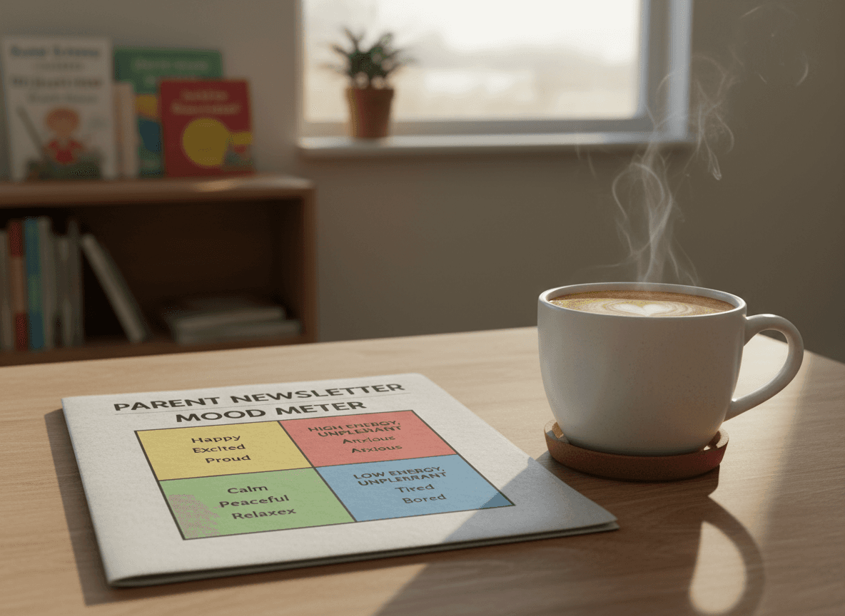 A printed parent newsletter showing the four Mood Meter quadrants next to a coffee mug
