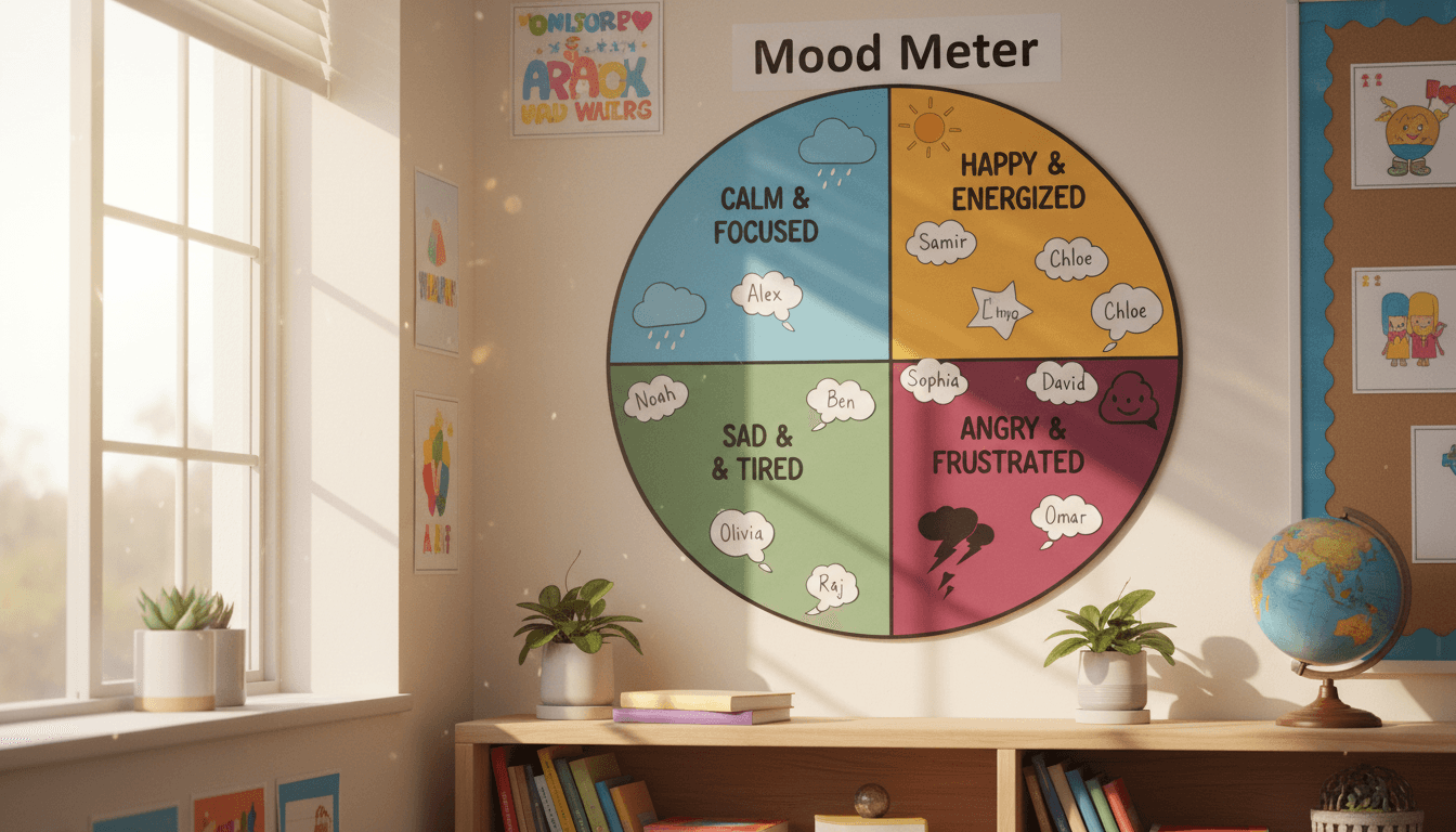 A classroom Mood Meter chart with student name tags placed in each colored quadrant