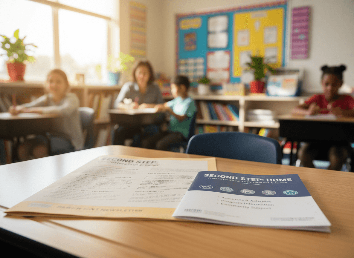 A printed Second Step parent newsletter next to a Second Step home page handout