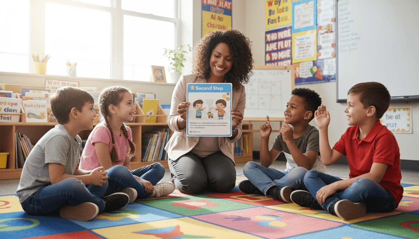 A teacher using a Second Step lesson card with elementary students sitting on a rug
