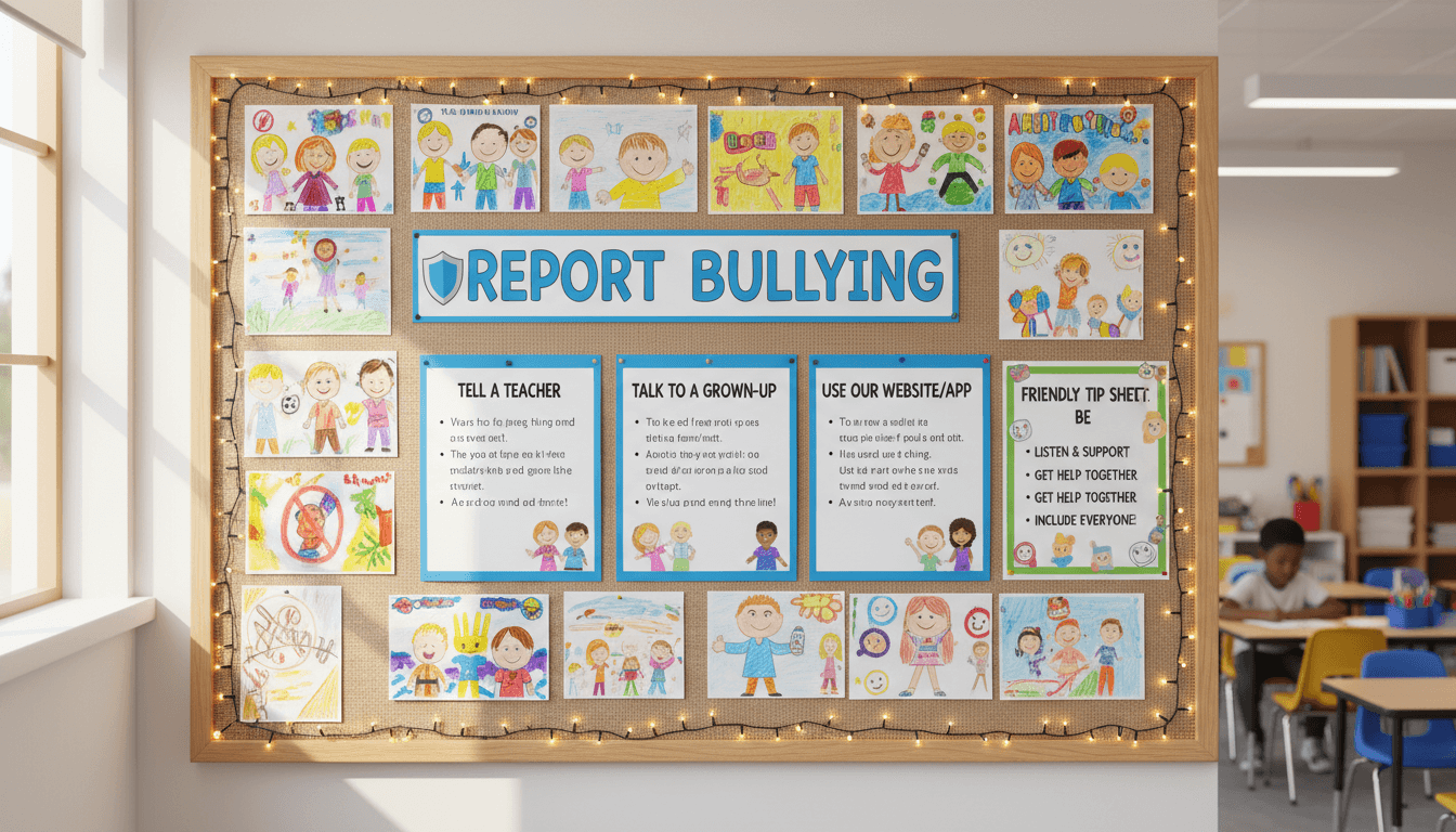 A classroom bulletin board about reporting bullying surrounded by student-made artwork and a friendly tip sheet
