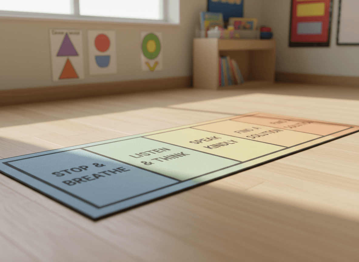 A close-up of a printed peace path with four steps laid on a classroom floor