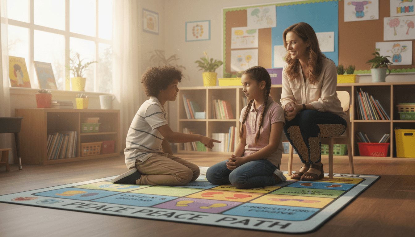 Two elementary students using a peace path mat to resolve a small disagreement