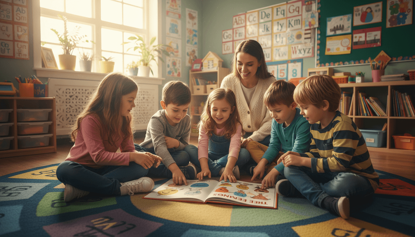 Elementary students reading a picture book together about feelings on a classroom rug
