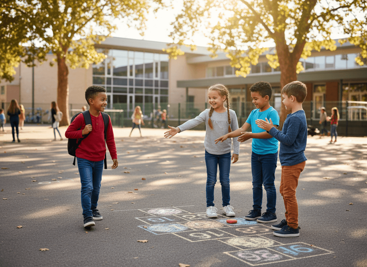 A first grader approaching a small group of classmates on the playground and being welcomed to join their game