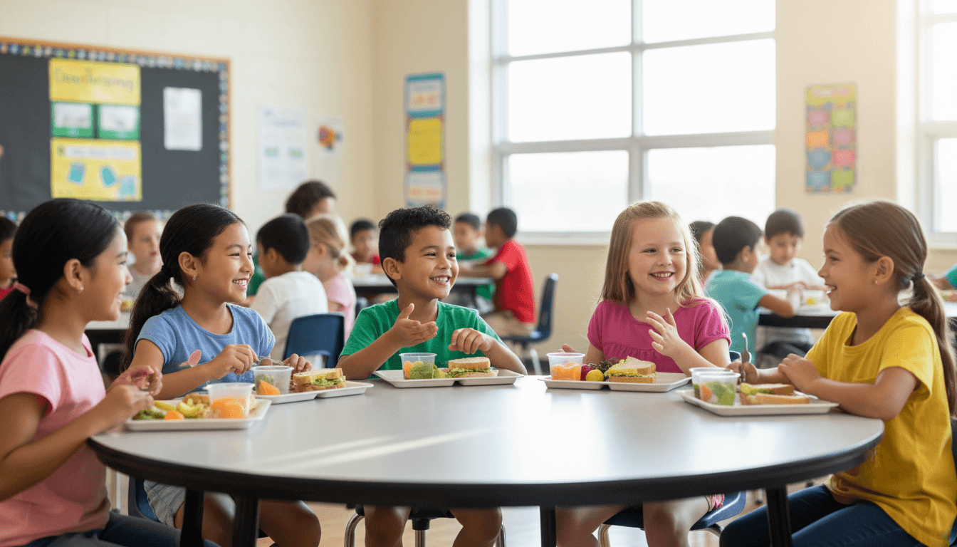 Elementary students sitting together at a cafeteria lunch table with welcoming smiles and animated conversation