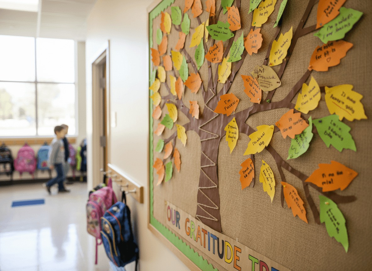 A close-up of a gratitude tree on a bulletin board covered in handwritten paper leaves from second graders