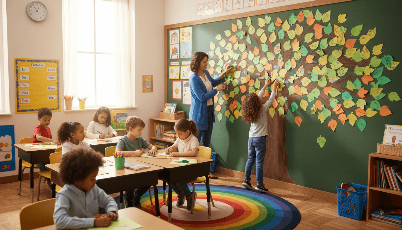 Elementary students writing on paper leaves to add to a large gratitude tree display on a classroom wall