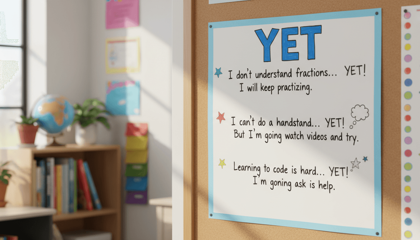 Classroom anchor chart with the word YET in big letters and student examples written underneath