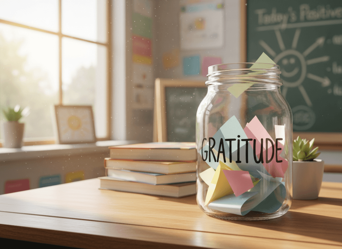 A close-up of a gratitude jar on a teacher's desk with folded slips of paper inside