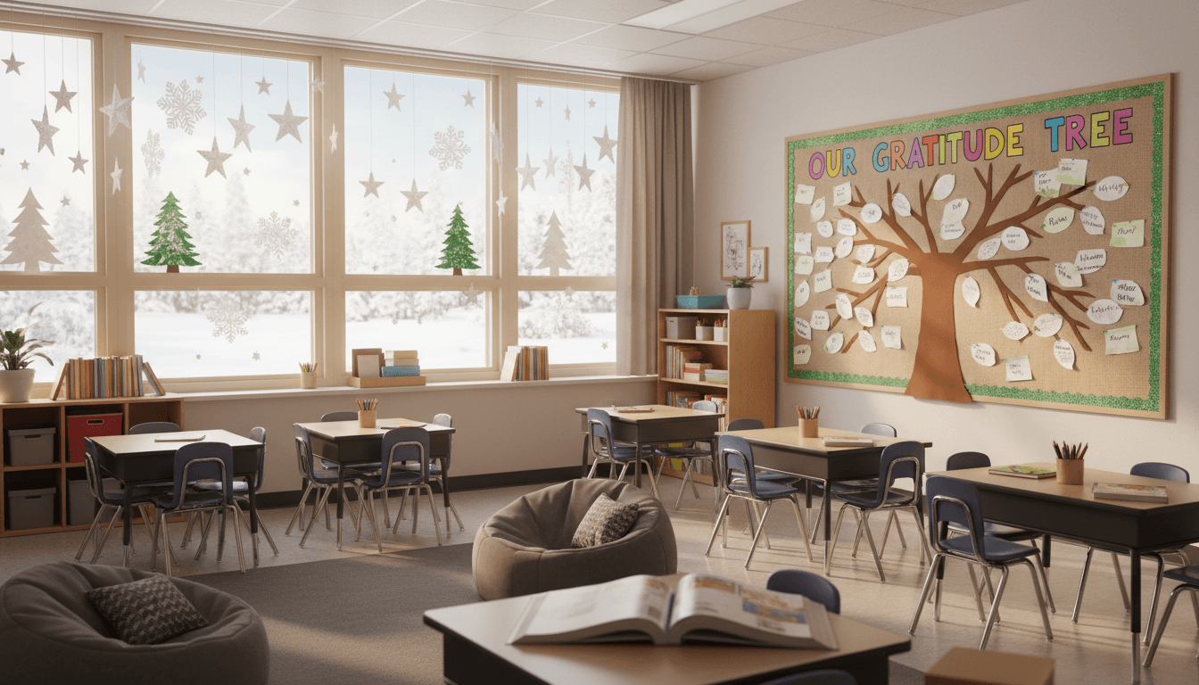 A classroom with winter window decorations and a gratitude bulletin board with student notes