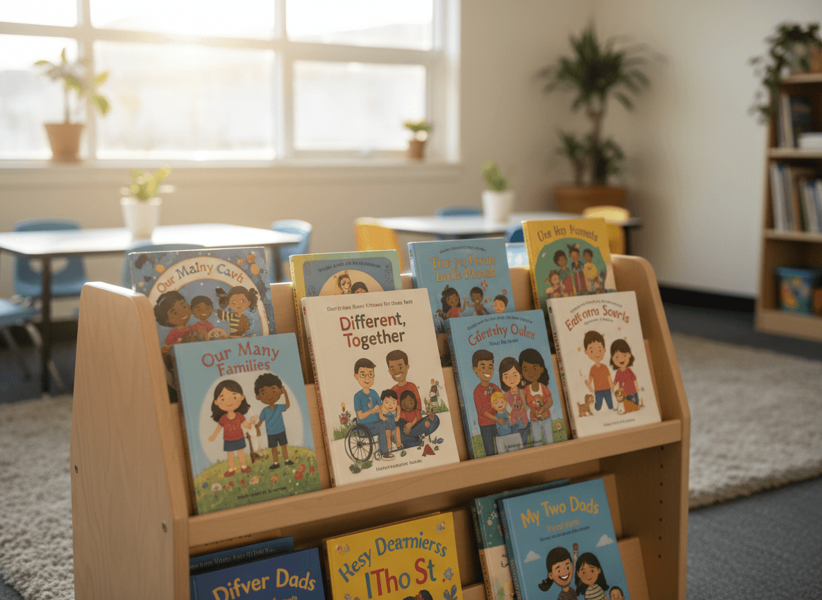 A classroom library shelf with picture books featuring main characters from a range of backgrounds and family structures