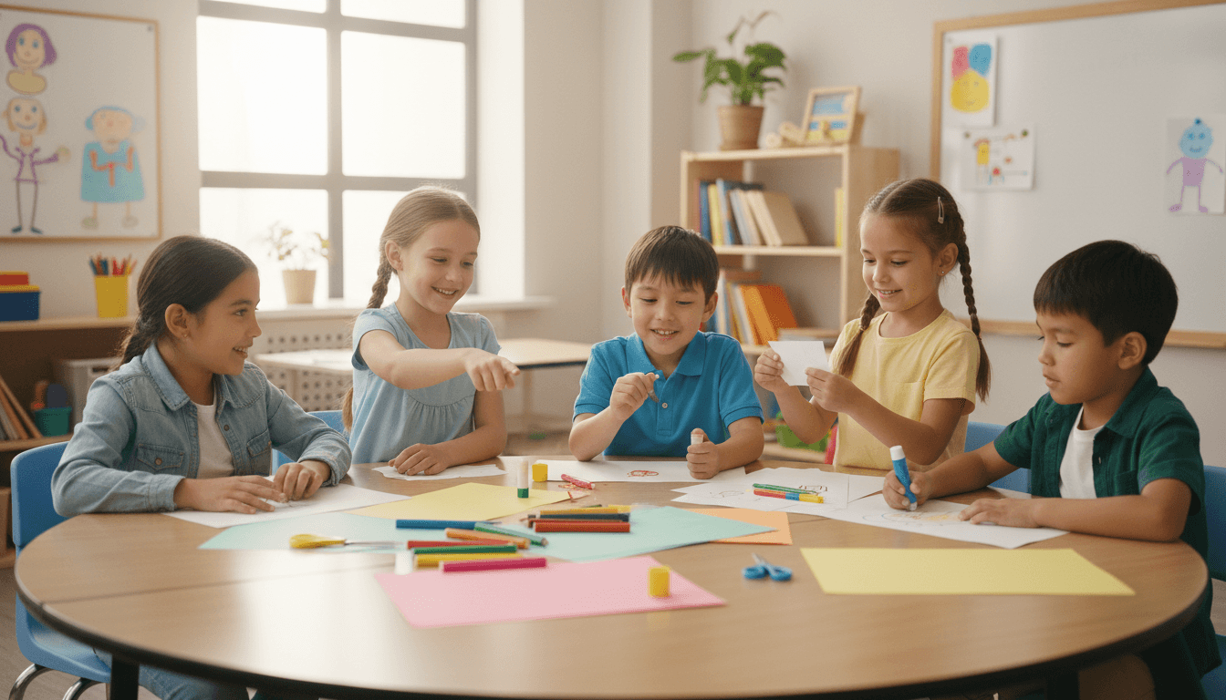 A diverse group of elementary students working together at a round classroom table on a shared class project