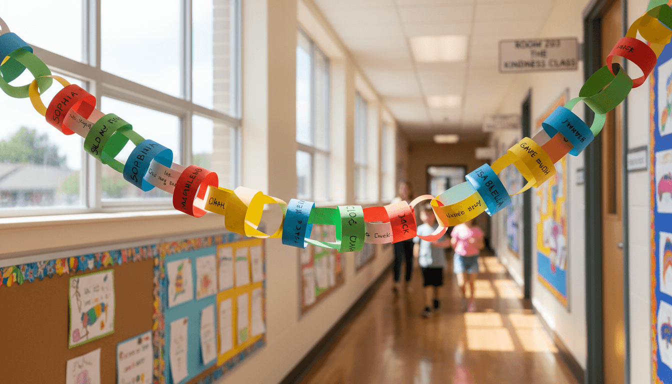 A kindness chain made of colorful paper links hanging across an elementary school hallway with student names written on each link