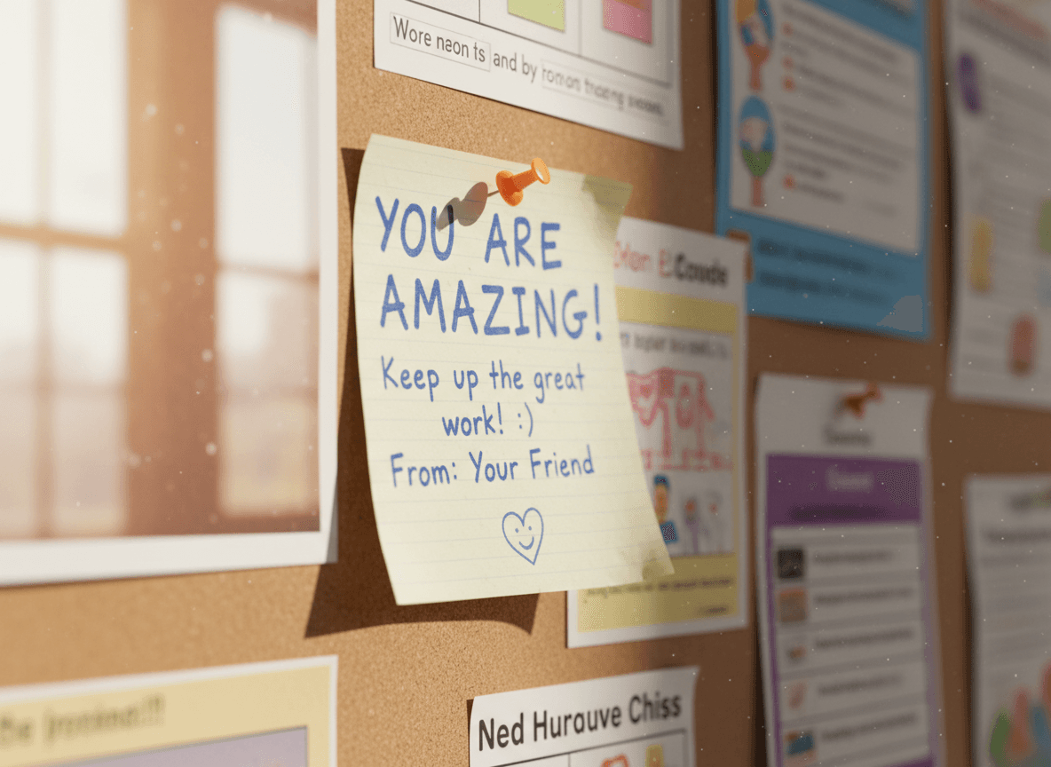 A close-up of a hand-written kindness note pinned to a classroom bulletin board