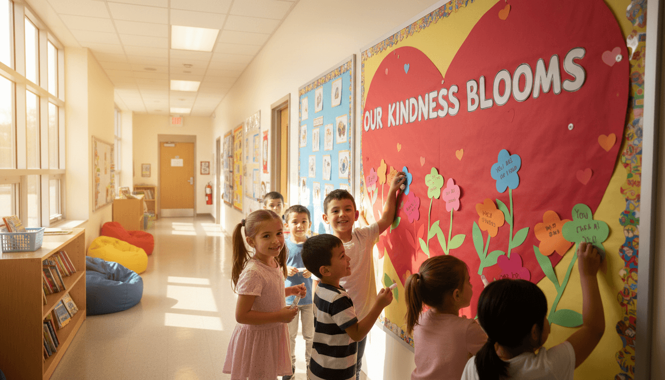 Elementary students adding kindness notes to a giant heart-shaped bulletin board