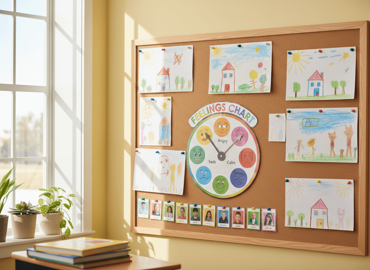 A bulletin board with student drawings and a feelings chart in a classroom