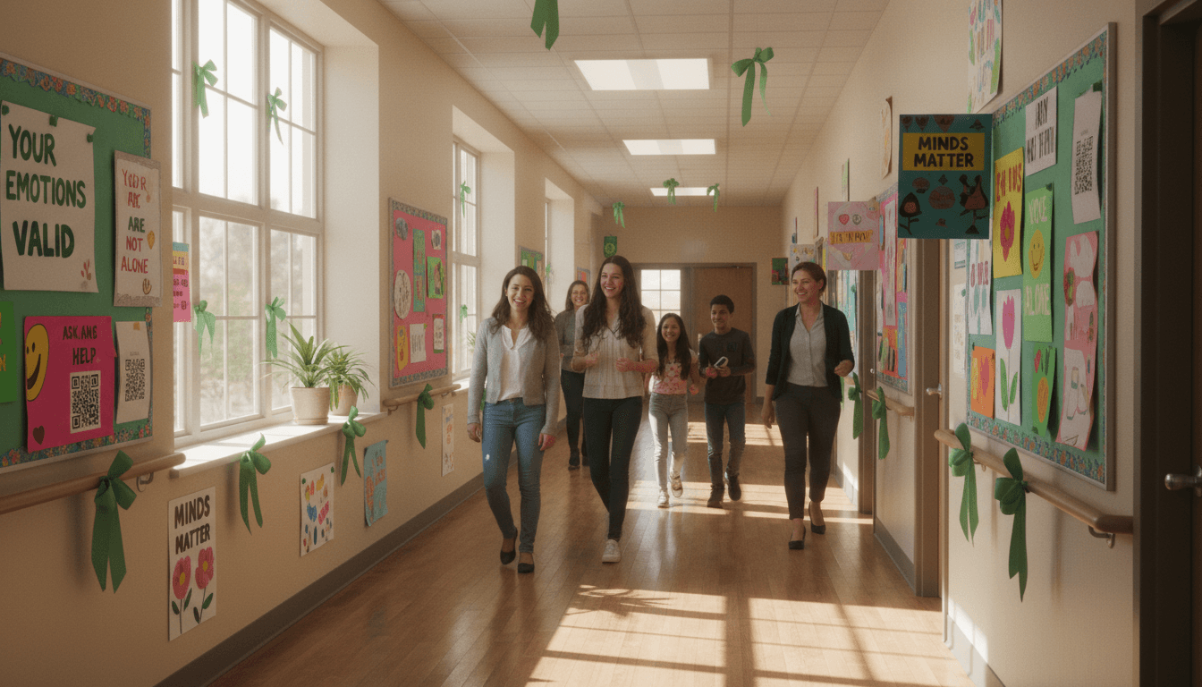 A school hallway with green ribbons and student-made mental health awareness posters