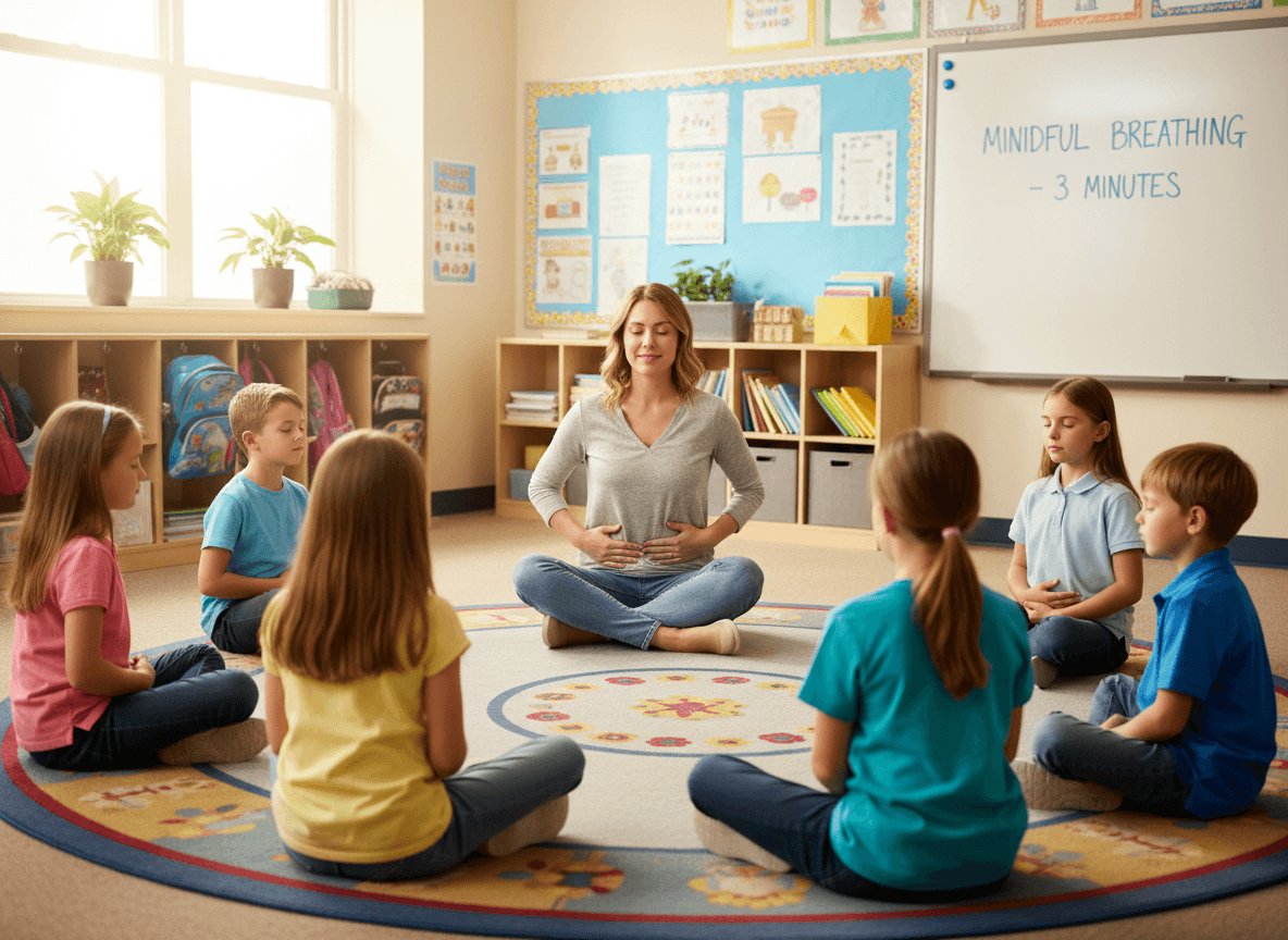 A teacher demonstrating a three-minute breathing exercise to a small group of third graders on a classroom rug