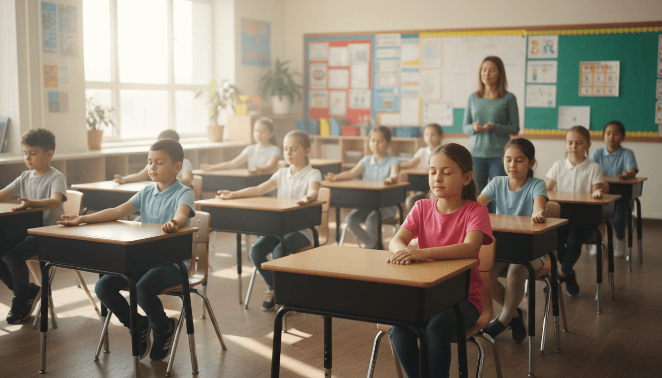Elementary students sitting at their desks with eyes closed and hands resting on knees during a one-minute mindfulness practice