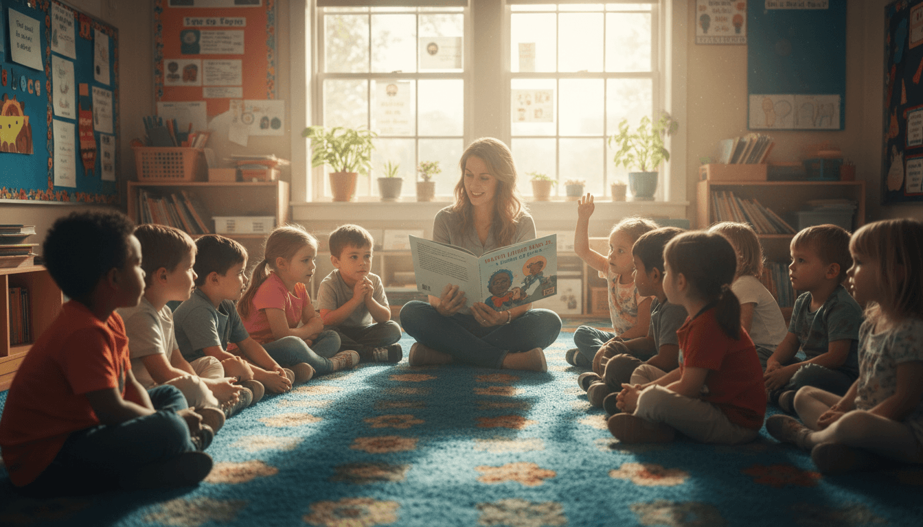 An elementary class reading a picture book about Martin Luther King Jr. on the classroom rug