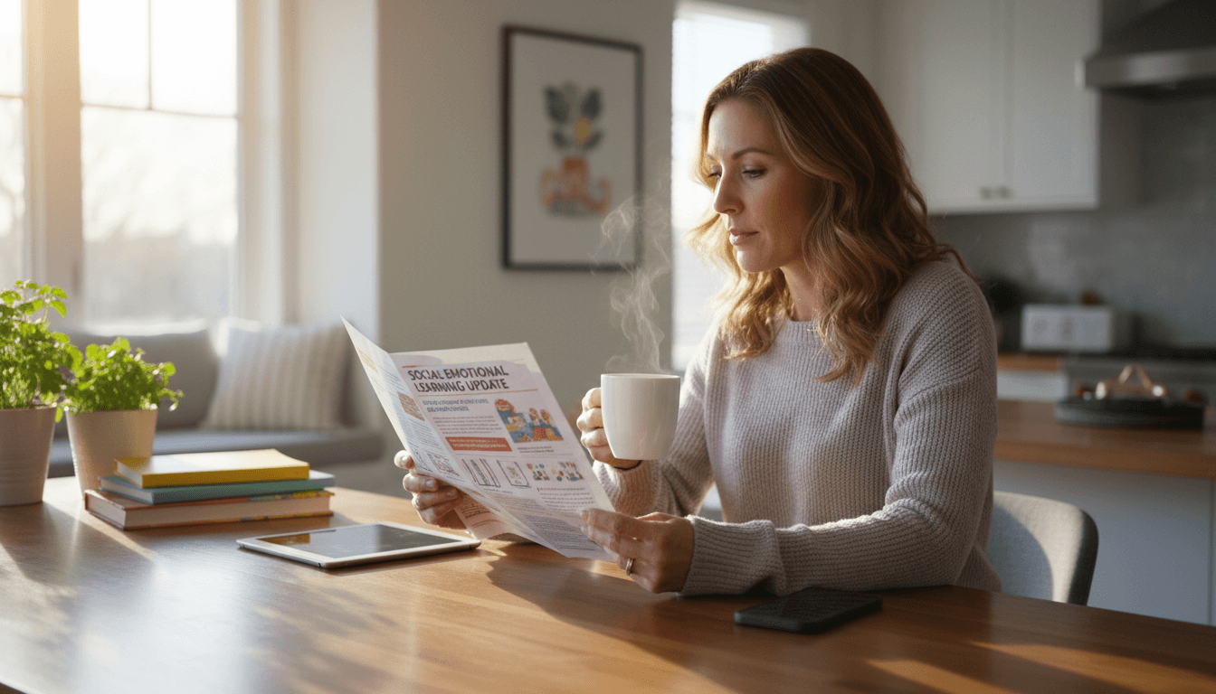 A parent reading a printed SEL newsletter at the kitchen counter with a cup of coffee