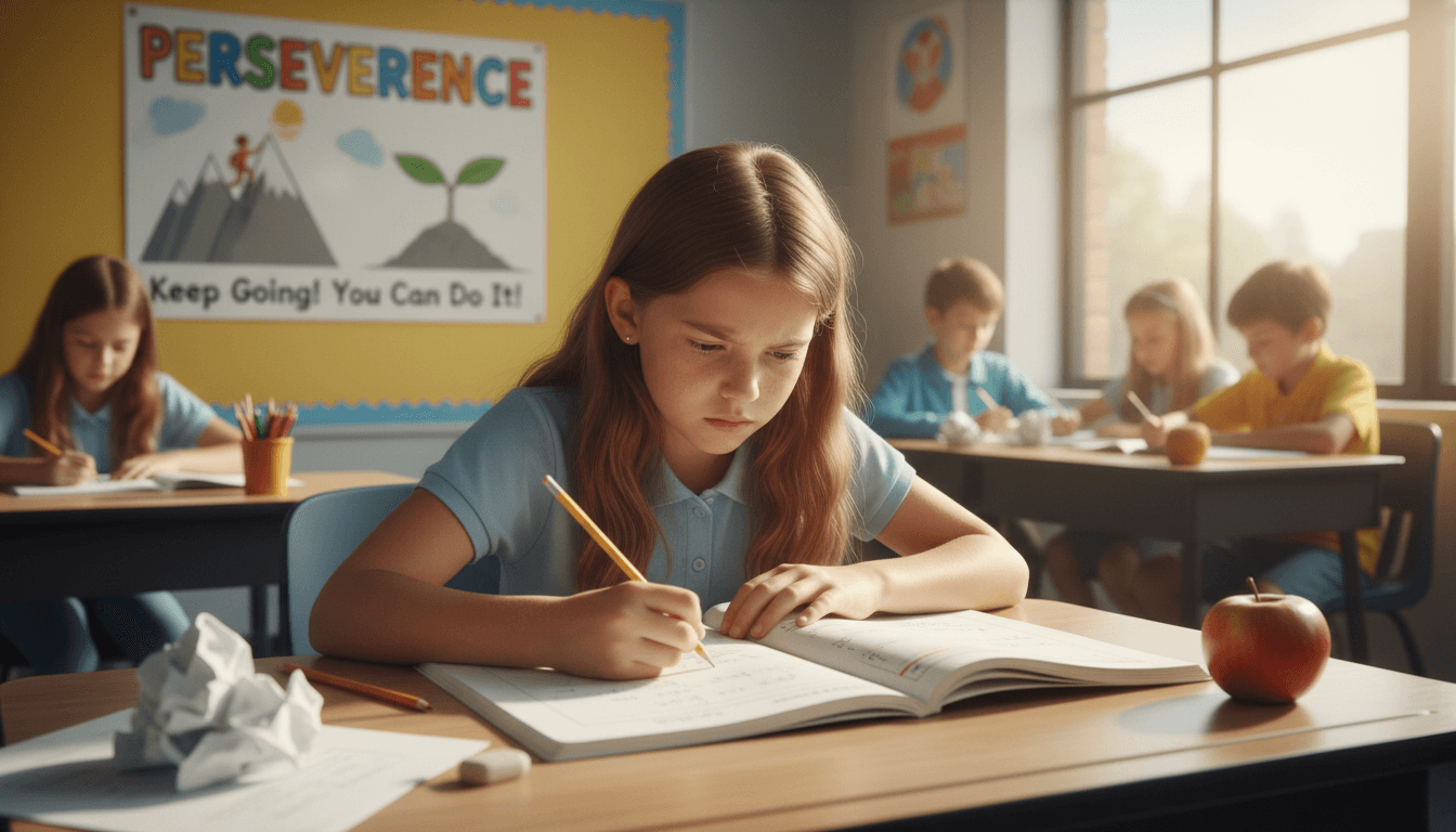 An elementary student working through a tough math problem with a perseverance poster on the wall nearby