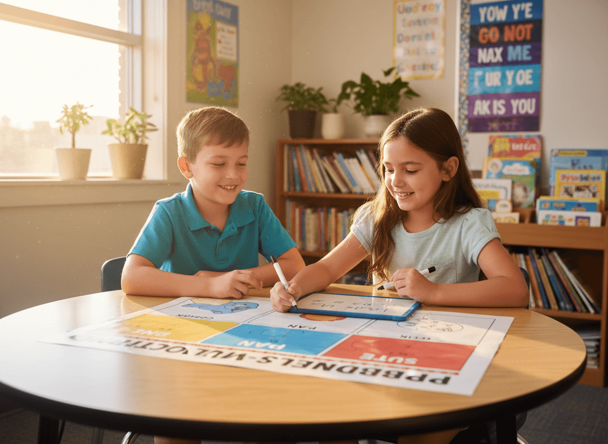 Two third graders working through a problem-solving chart together at a classroom table