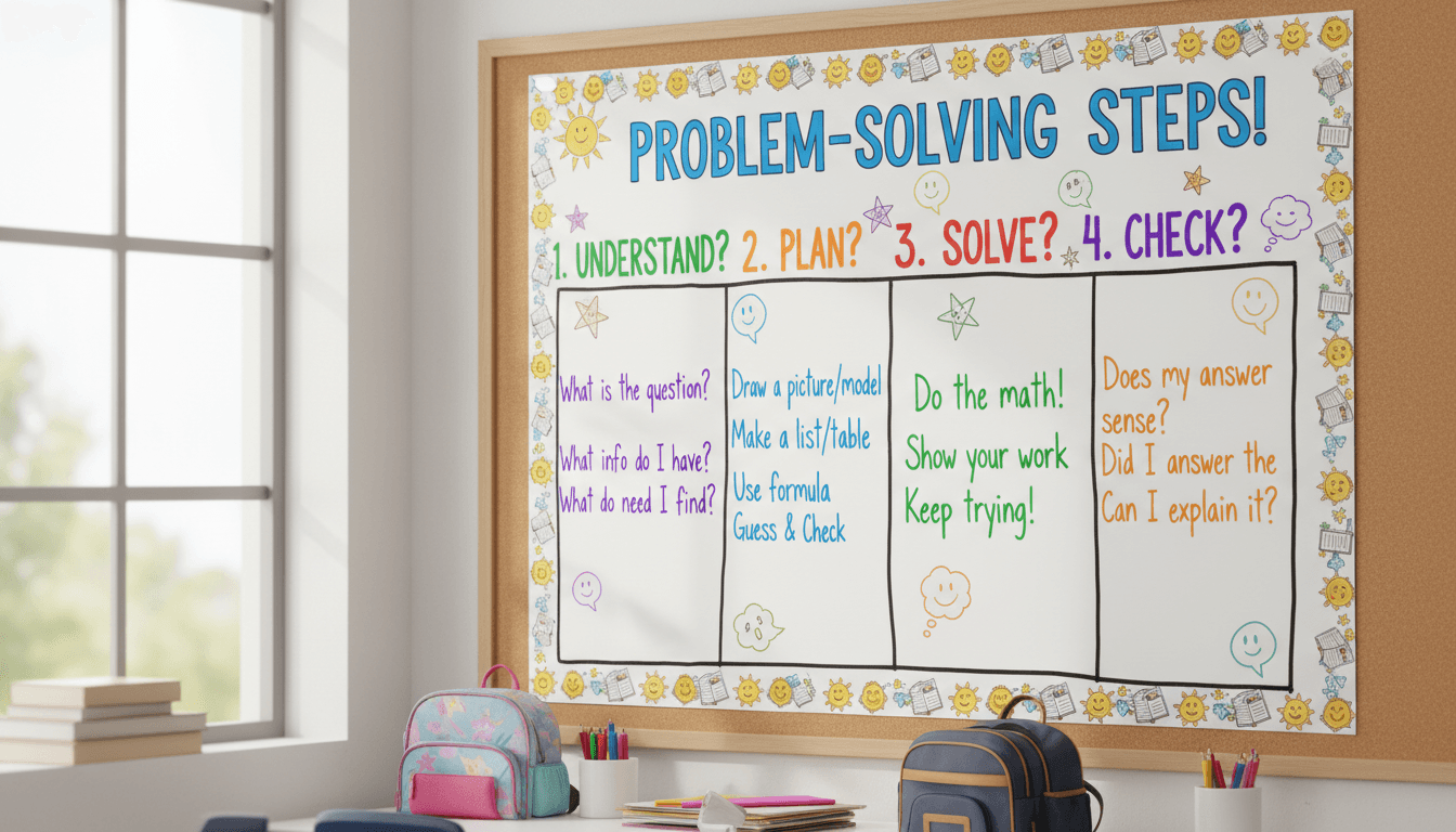 A classroom anchor chart showing four problem-solving steps with student examples written underneath each one in different colored markers