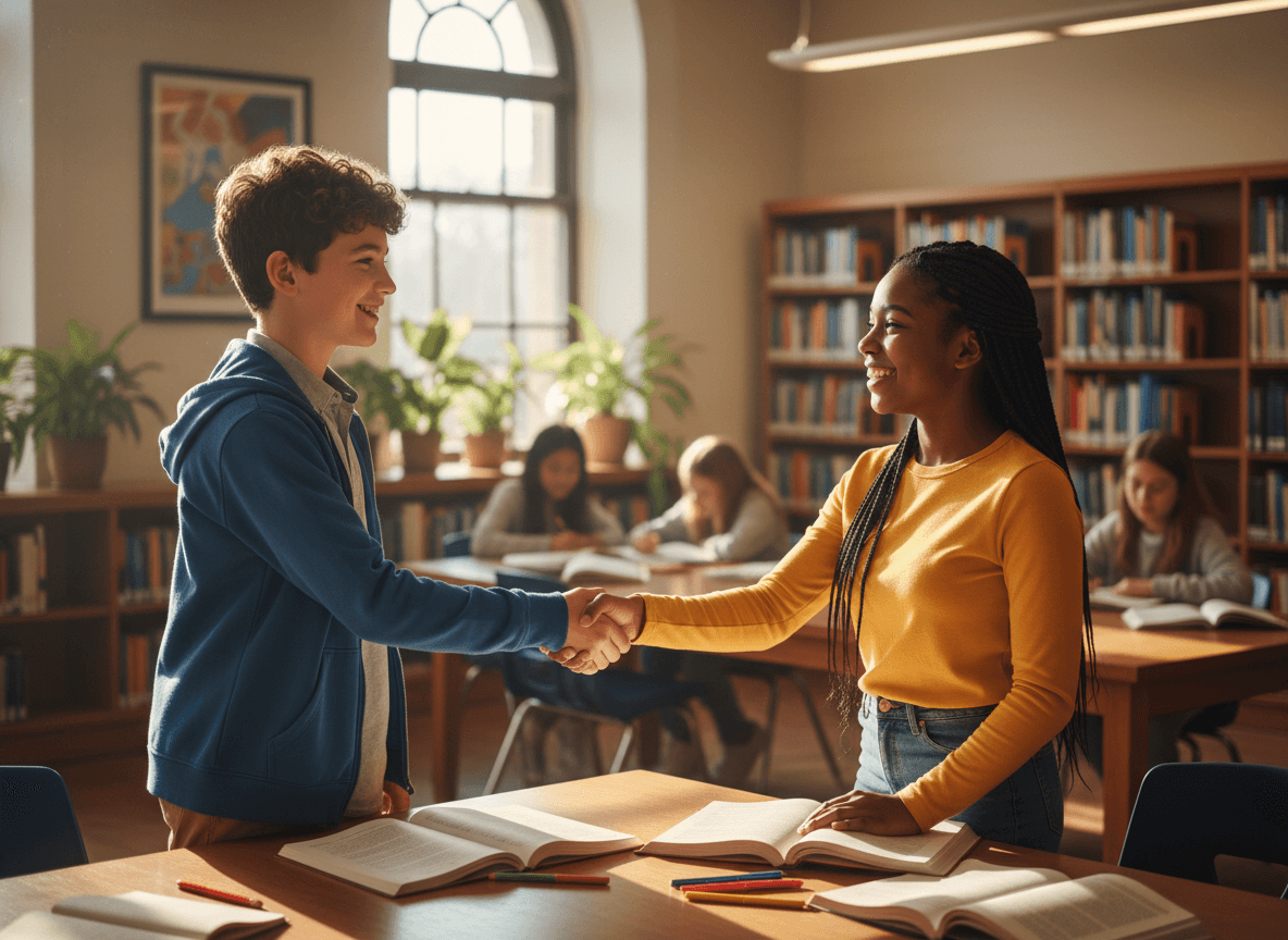 Two students shaking hands and smiling after working through a small disagreement