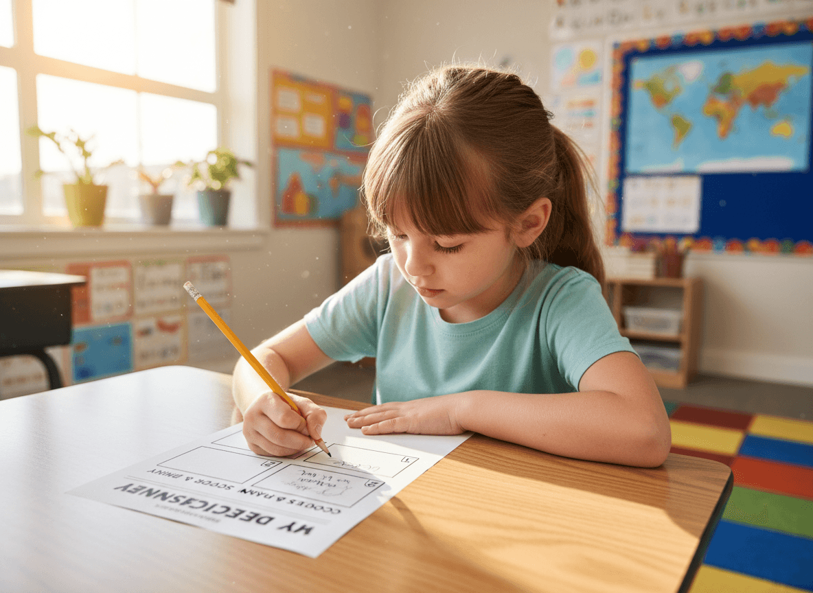 A fourth grader writing on a four-step decision worksheet with a pencil