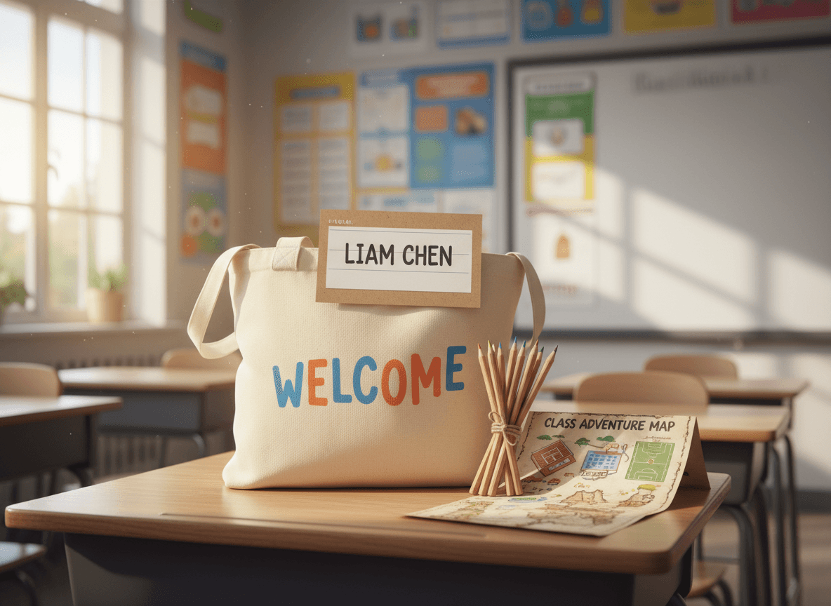 A welcome bag on a classroom desk with a name card, a pencil set, and a folded class map