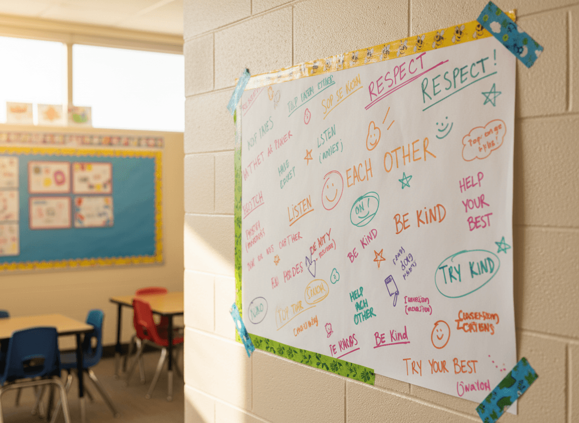 A chart paper covered in student-written classroom norms in elementary handwriting taped to the classroom wall