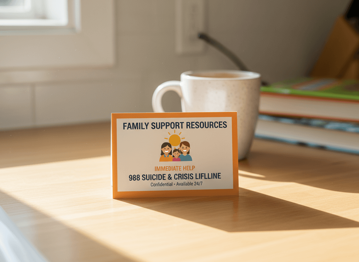 A printed family resource card with the 988 Suicide and Crisis Lifeline number on a kitchen counter