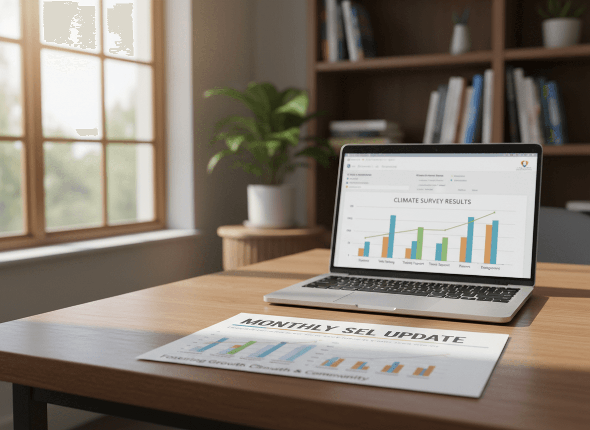 A printed monthly SEL update on a desk next to a laptop showing climate survey results