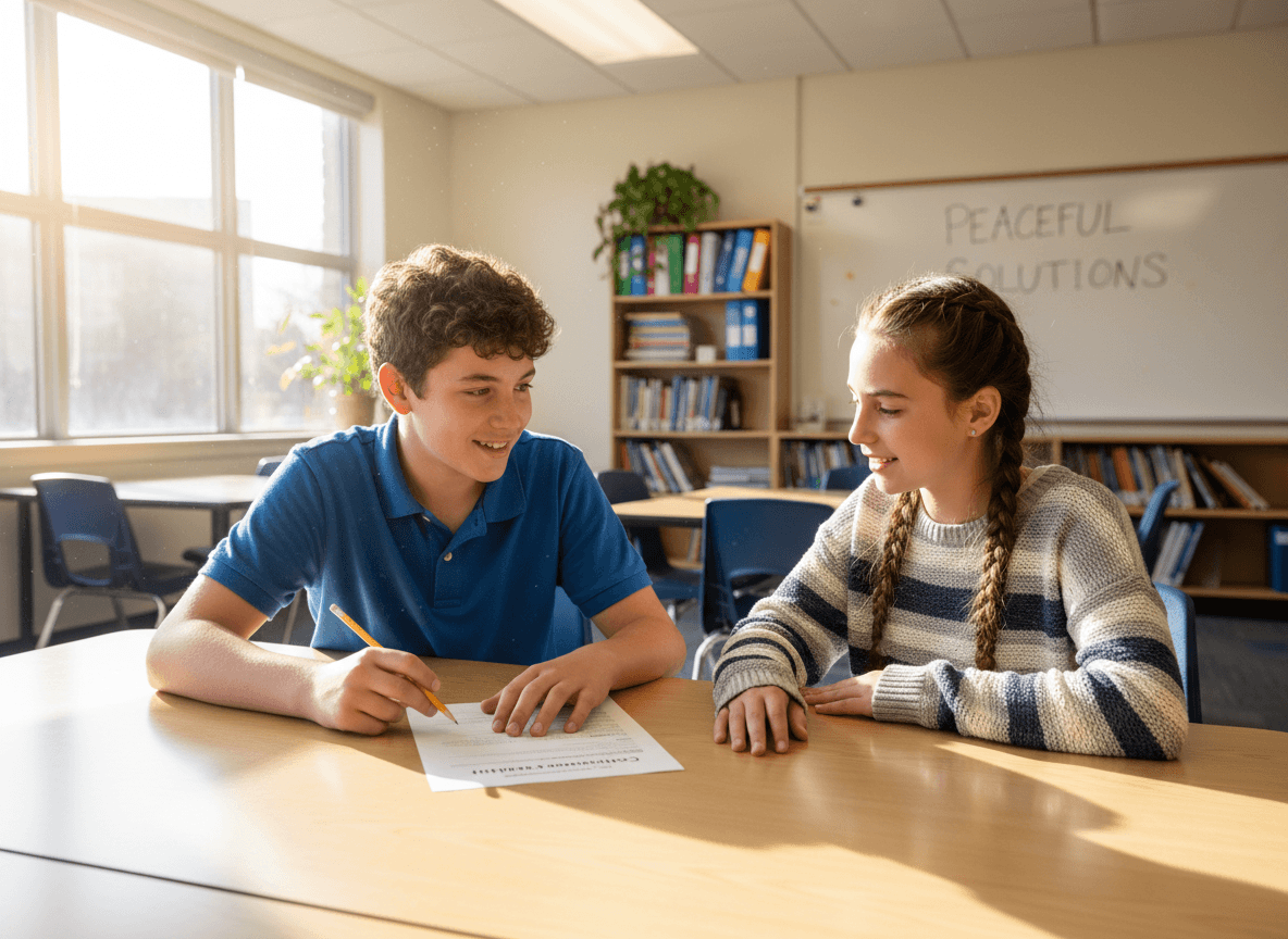 A seventh grade peer mediator pair sitting across from each other with a worksheet between them