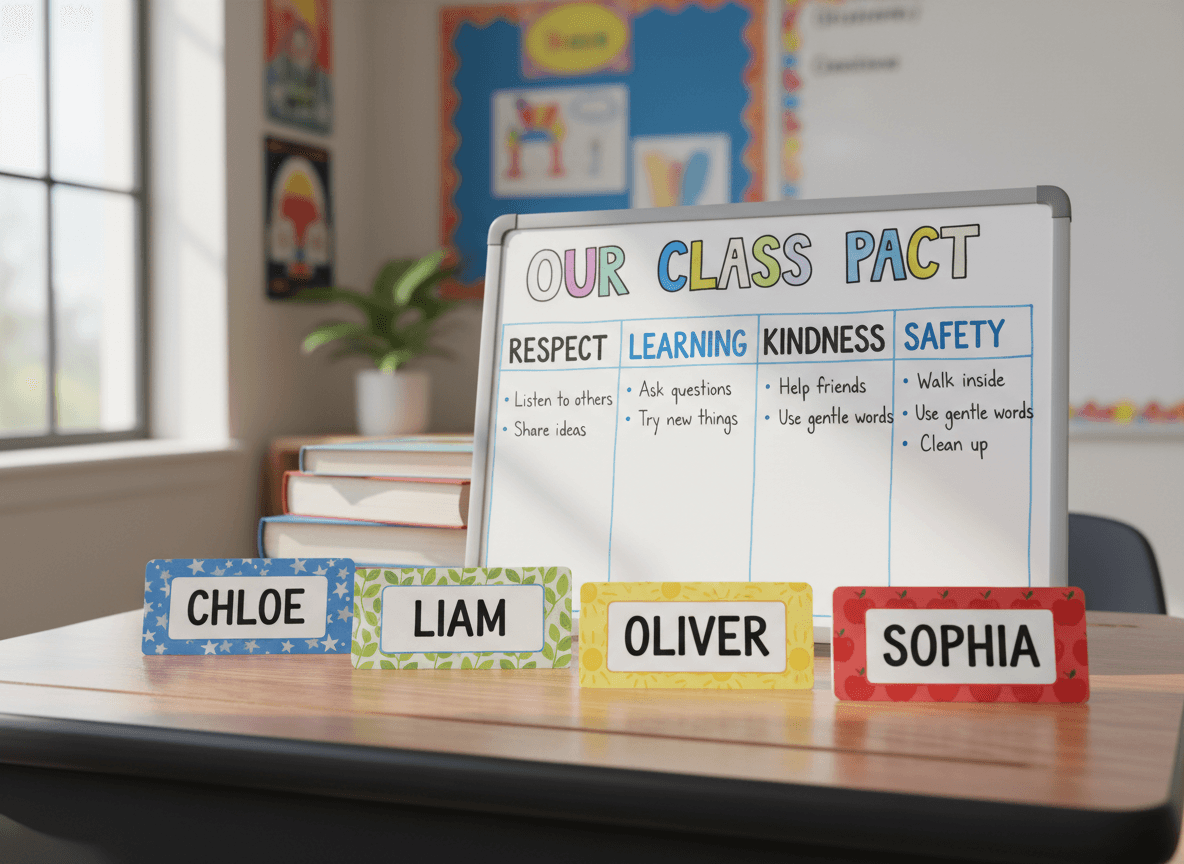 Student name tags and a class community agreement chart on a teacher's desk