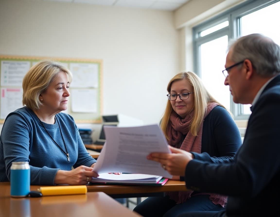 Alaska special education teacher reviewing student support plan documents with a parent